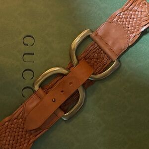 Linea Pelle tan Woven Wide Belt with two enormous D rings as the centerpiece.